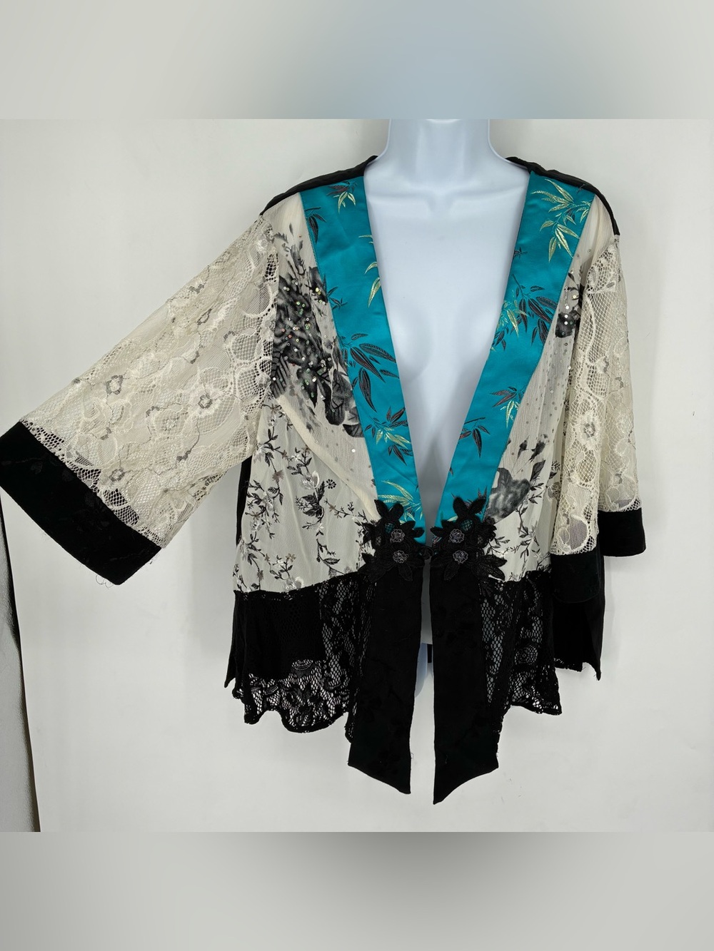 Vintage Y2K Spencer Alexis Plus Size 1X Lace Kimono Cardigan Blue Black Fairy